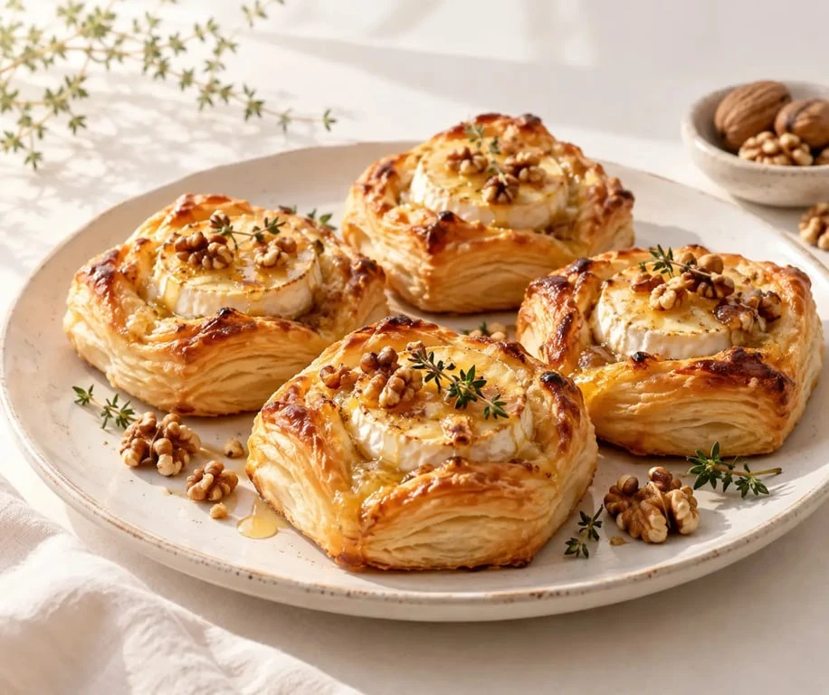Recettes entrées chaudes faciles et rapides : feuilletés chèvre, miel et noix dorés