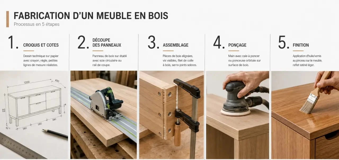 Fabrication d un meuble en bois : croquis, découpe, assemblage, ponçage et finition