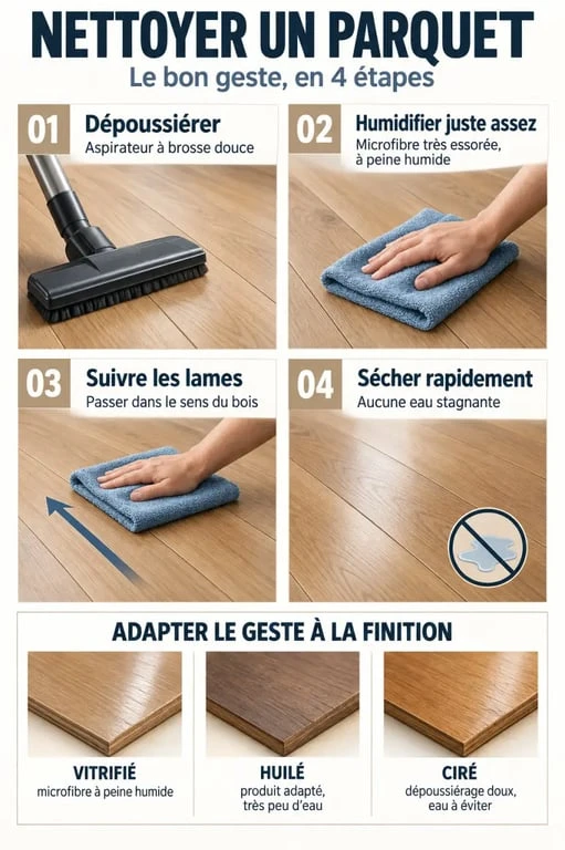 Illustration des étapes du nettoyage parquet avec dépoussiérage, microfibre essorée et séchage