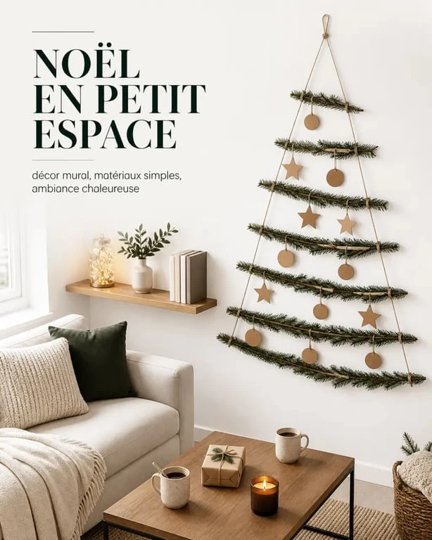 Déco noel fait maison adaptée à un petit espace avec sapin alternatif mural et bocaux lumineux