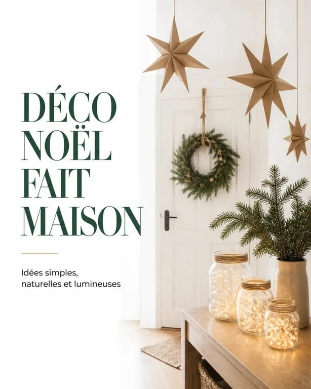 Déco noel fait maison dans un salon chaleureux avec couronne naturelle, bocaux lumineux et étoiles en carton