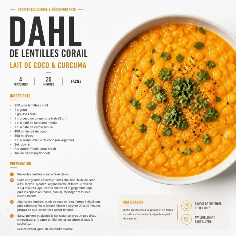 Dahl de lentilles corail express, recette saine et facile pour un repas végétarien.