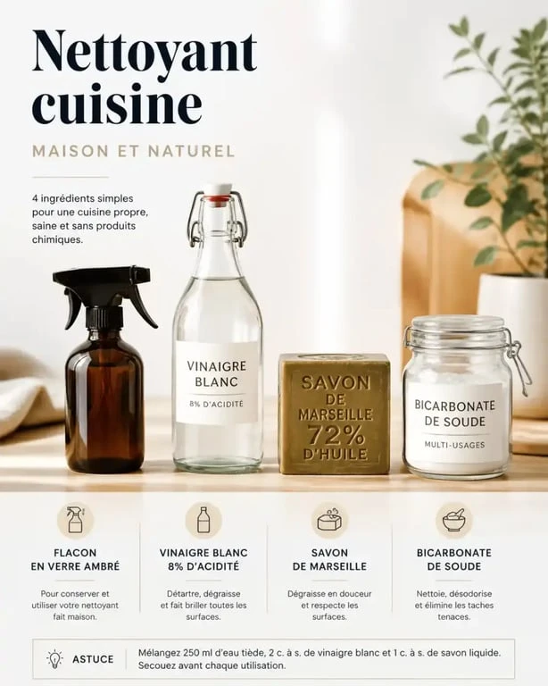 Ingrédients naturels pour fabriquer son nettoyant cuisine maison : vinaigre, savon de Marseille et bicarbonate.