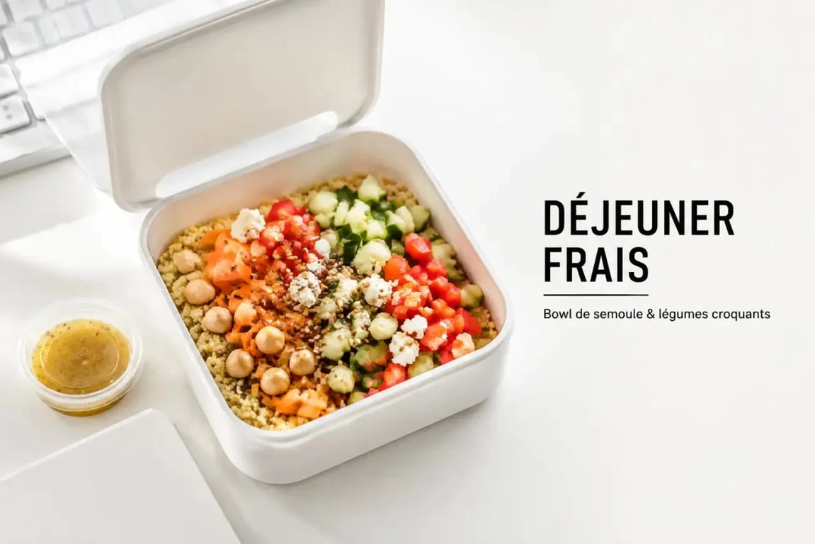 Idées de repas froids à emporter : bowl de semoule, pois chiches et légumes dans une lunch box