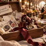 Escapade gourmande : coffret de dégustation, cartes, parfum ambré