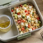 Idées repas froids à emporter : lunch box semoule froide pois chiches, concombre, poivron et feta