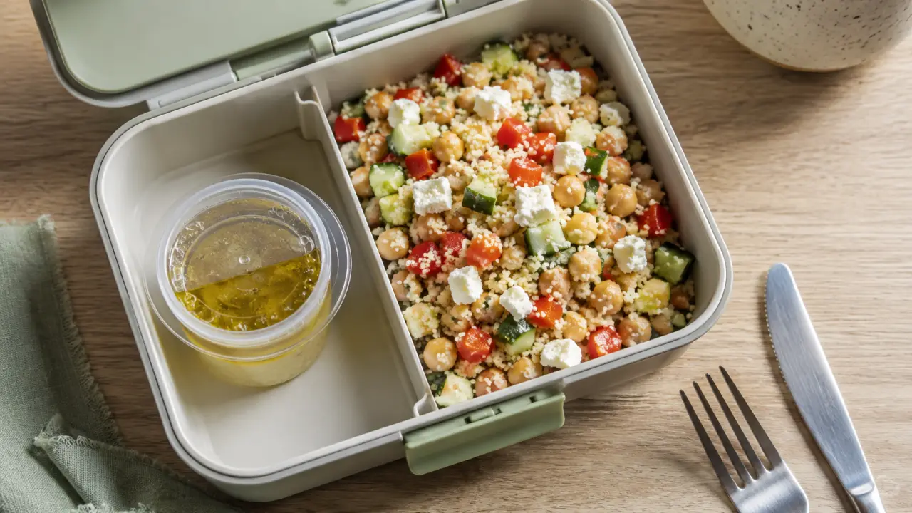 Idées repas froids à emporter : lunch box semoule froide pois chiches, concombre, poivron et feta