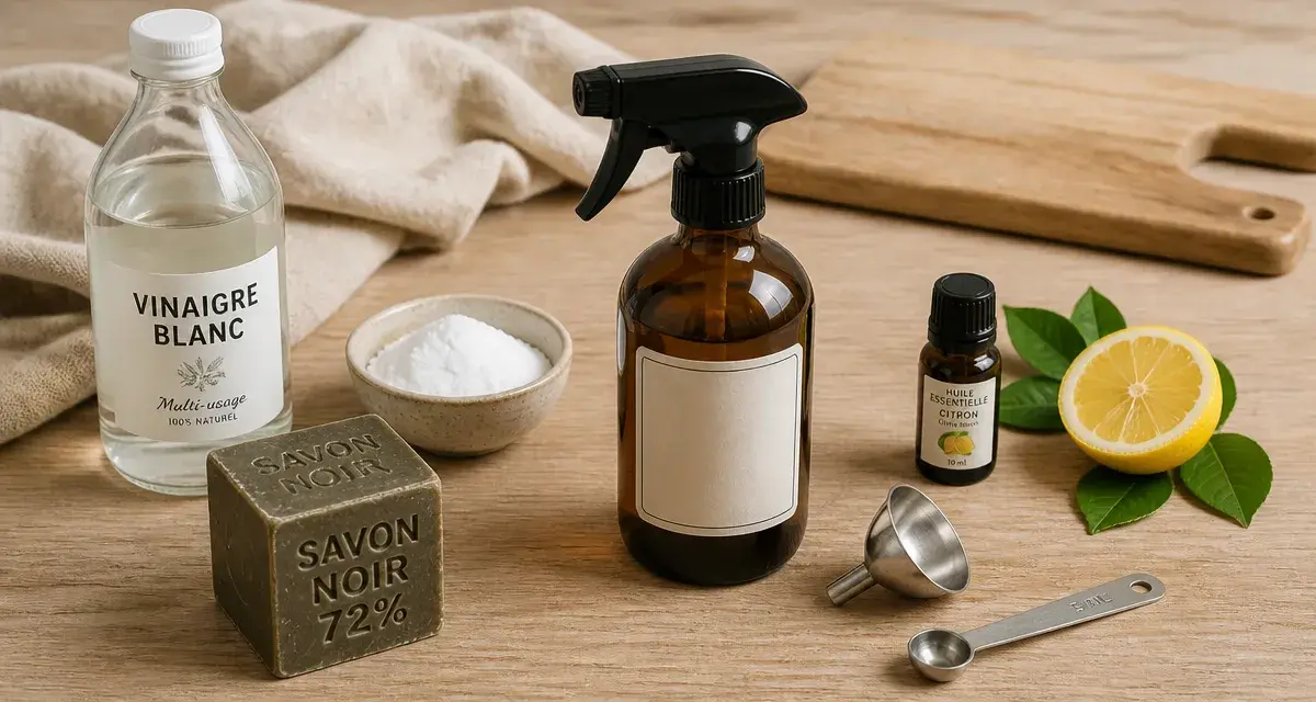Nettoyant cuisine maison : flacon spray au vinaigre, bicarbonate et savon noir