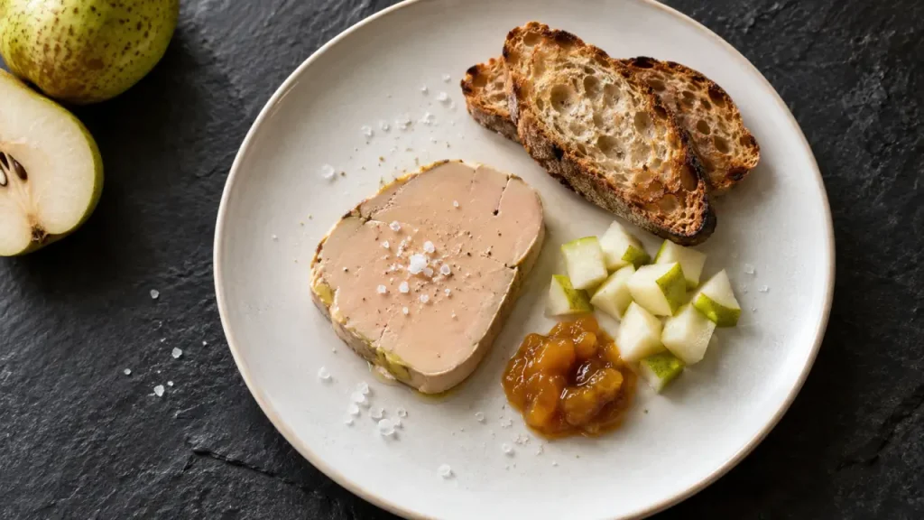 Foie gras en entrée avec pain toasté, poire et vin : quoi mettre ?