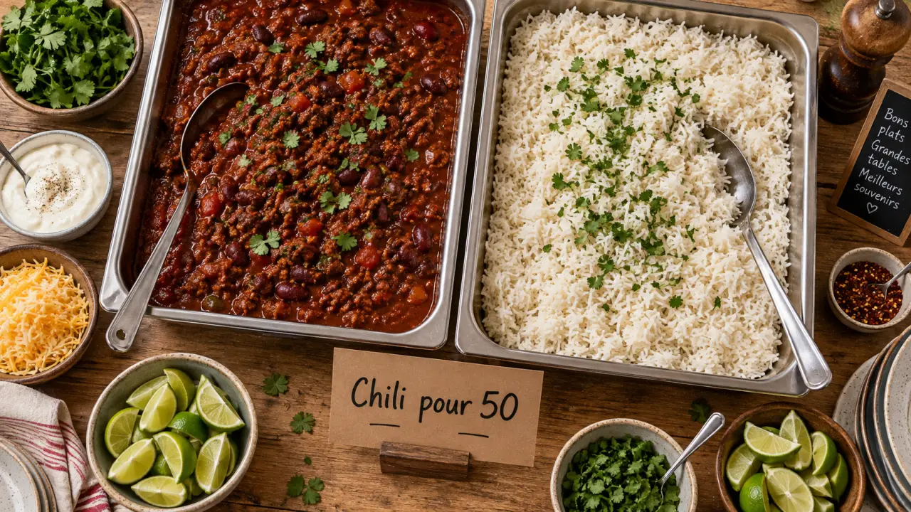 Repas chaud pour 50 personnes idées : chili con carne et riz à réchauffer