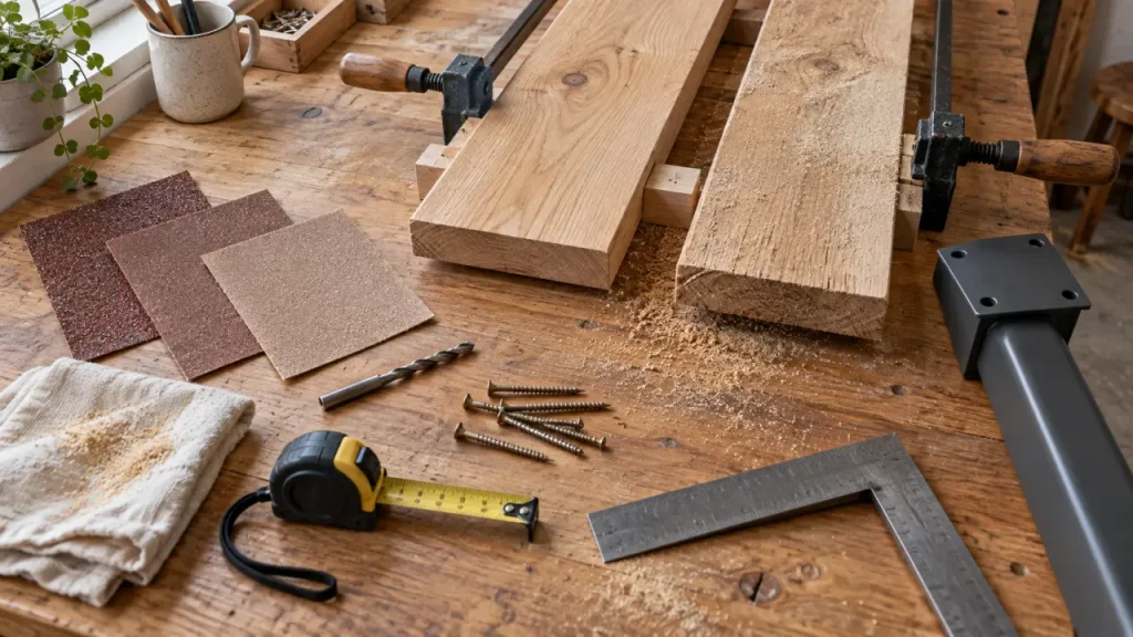 Table fabrication maison : plateau en bois poncé et pièces de montage prêtes