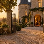 Week end amoureux dans un chateau : chemin en graviers vers le château-hôtel au golden hour
