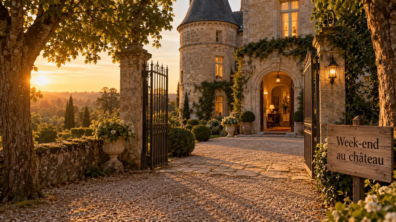 Week end amoureux dans un chateau : chemin en graviers vers le château-hôtel au golden hour