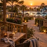 Week end en camping : terrasse et piscine au golden hour