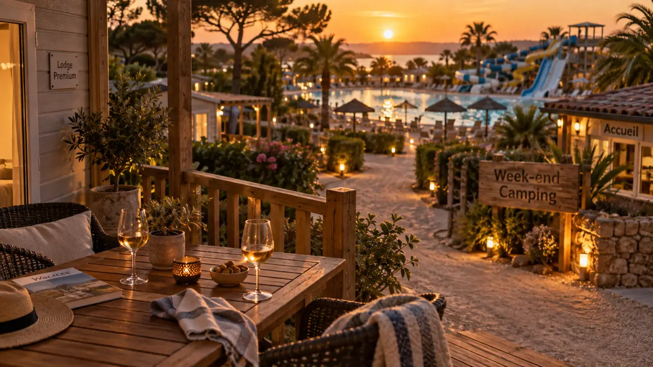 Week end en camping : terrasse et piscine au golden hour