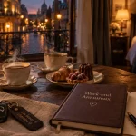 Week end pas cher en amoureux : tasses et pâtisserie en chambre d’hôtel à la golden hour
