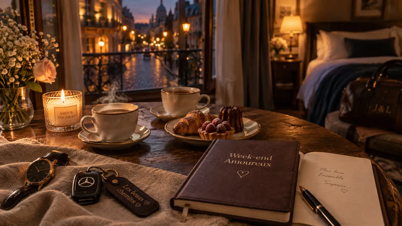 Week end pas cher en amoureux : tasses et pâtisserie en chambre d’hôtel à la golden hour