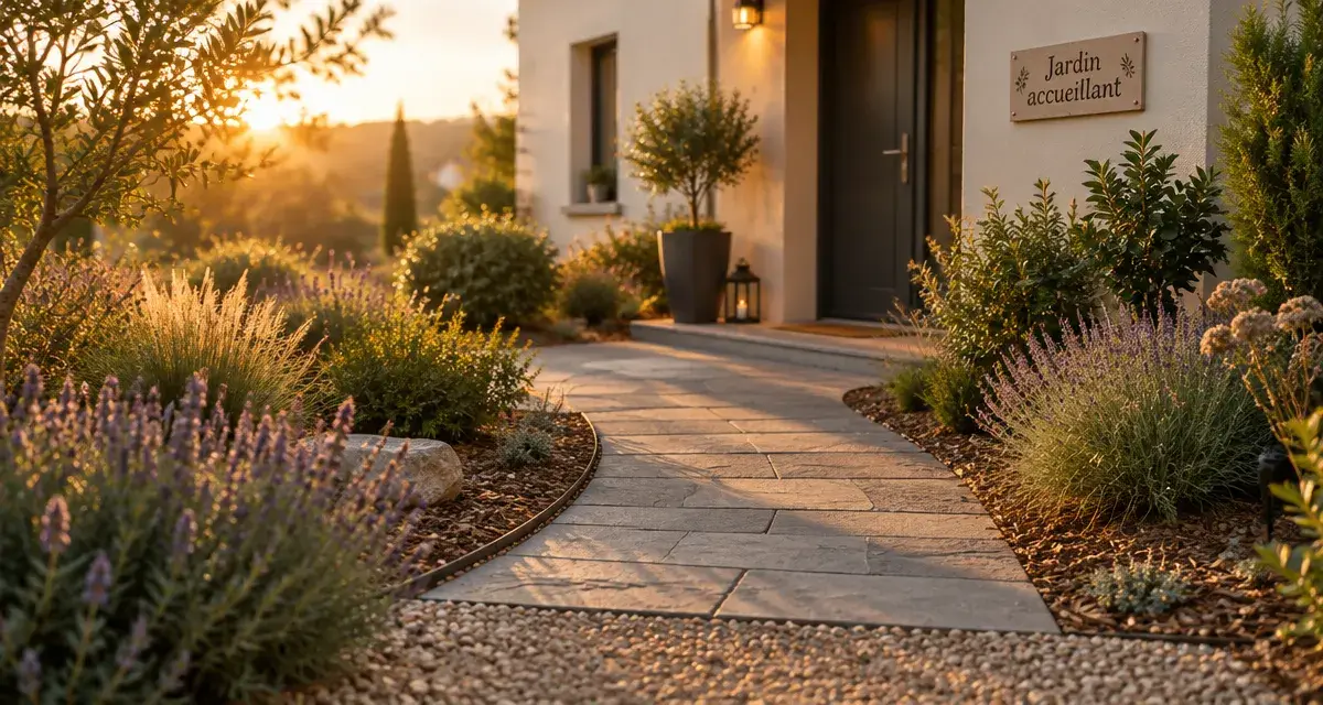 Entrée de maison : aménagement paysager idée pour le jardin devant maison, allée en dalles et graviers.