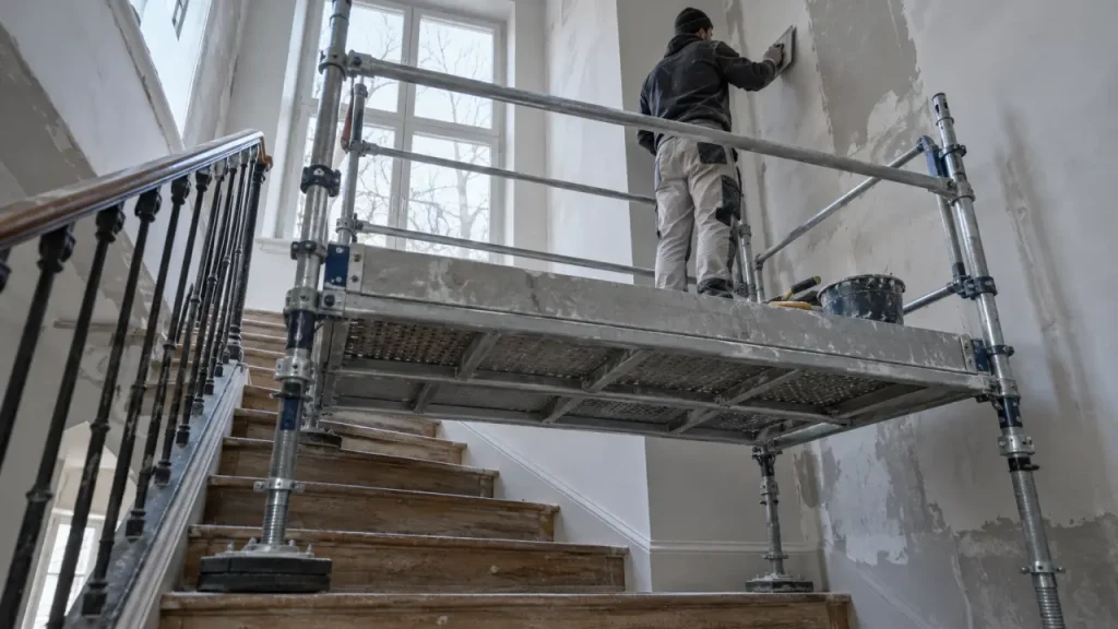 Échafaudage dans un escalier : une plateforme horizontale pour travailler en sécurité