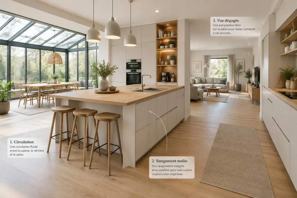 Cuisine ouverte : îlot, verrière et 3 implantations pour un espace convivial et fonctionnel