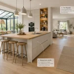 Cuisine ouverte : îlot, verrière et 3 implantations
