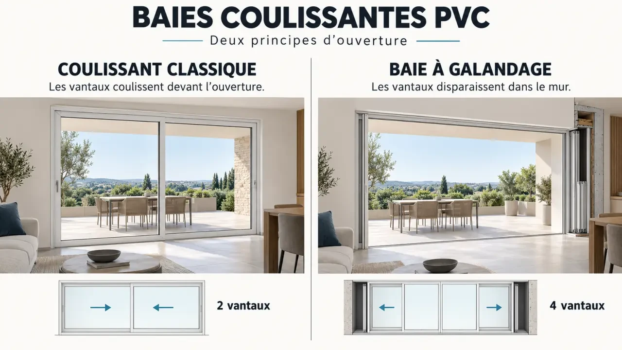 Baie vitrée coulissante PVC classique et à galandage avec différentes configurations de vantaux