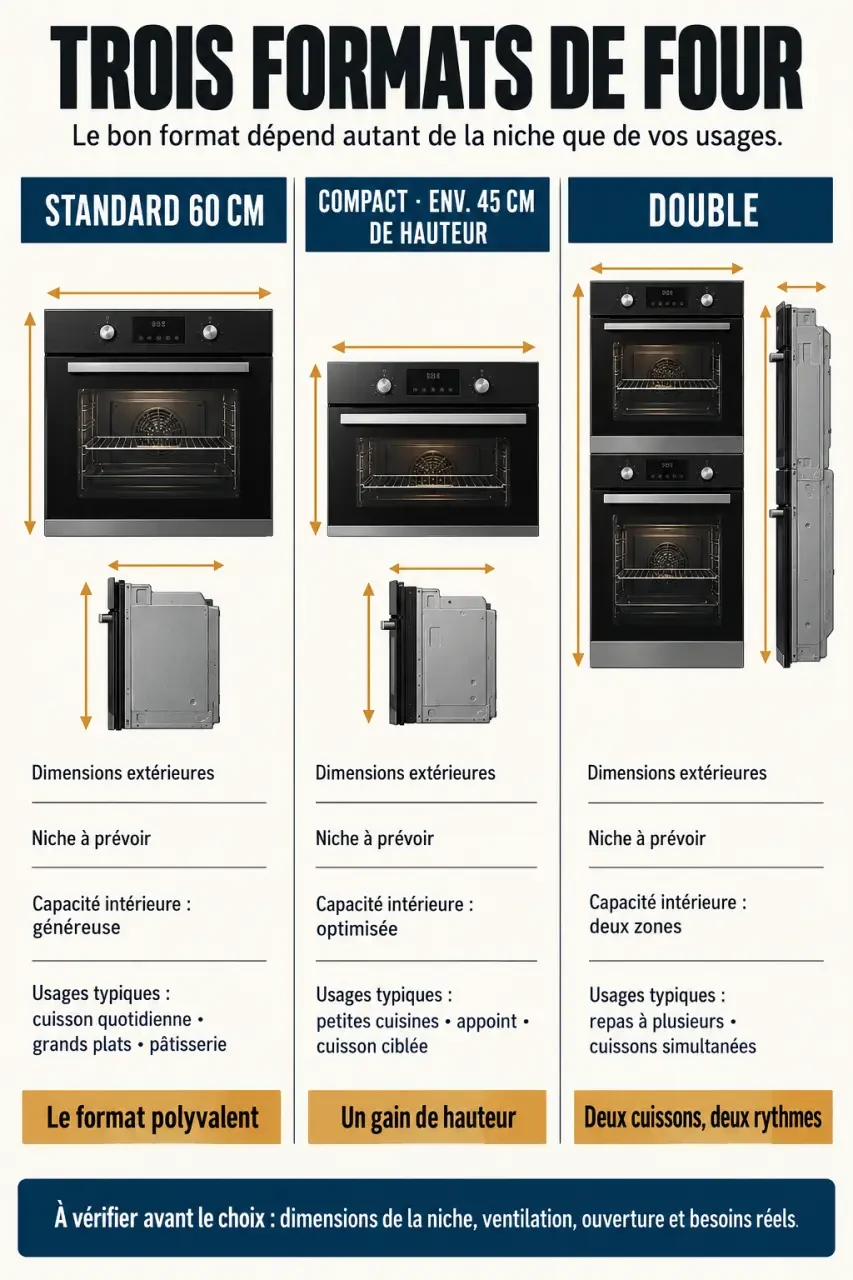 Infographie sur la taille four standard, compact et double avec distinction entre façade, niche et capacité