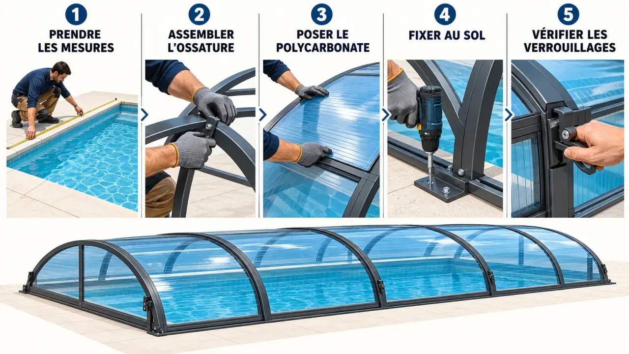 Étapes de construction d’un abri piscine fait maison avec mesure, assemblage et fixation