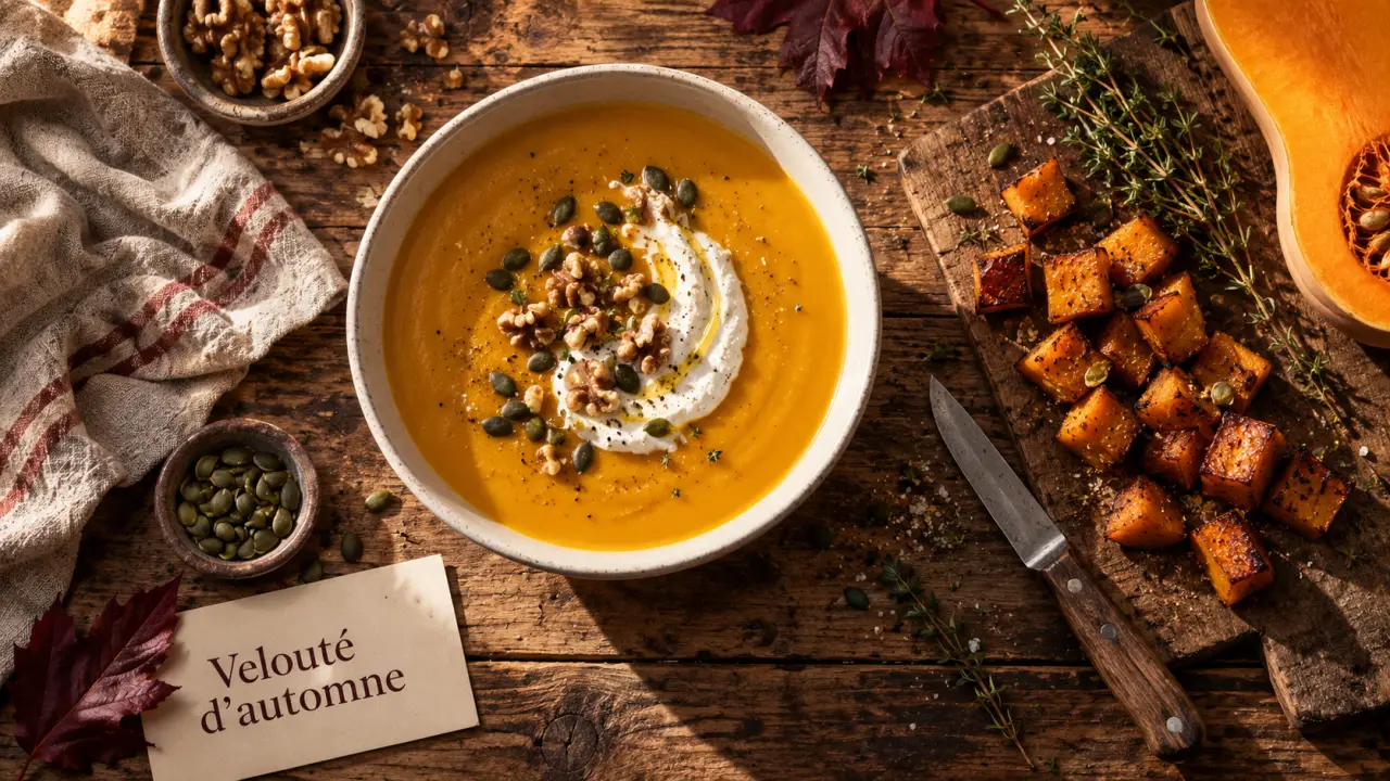Entrée automne : velouté de butternut et chèvre frais
