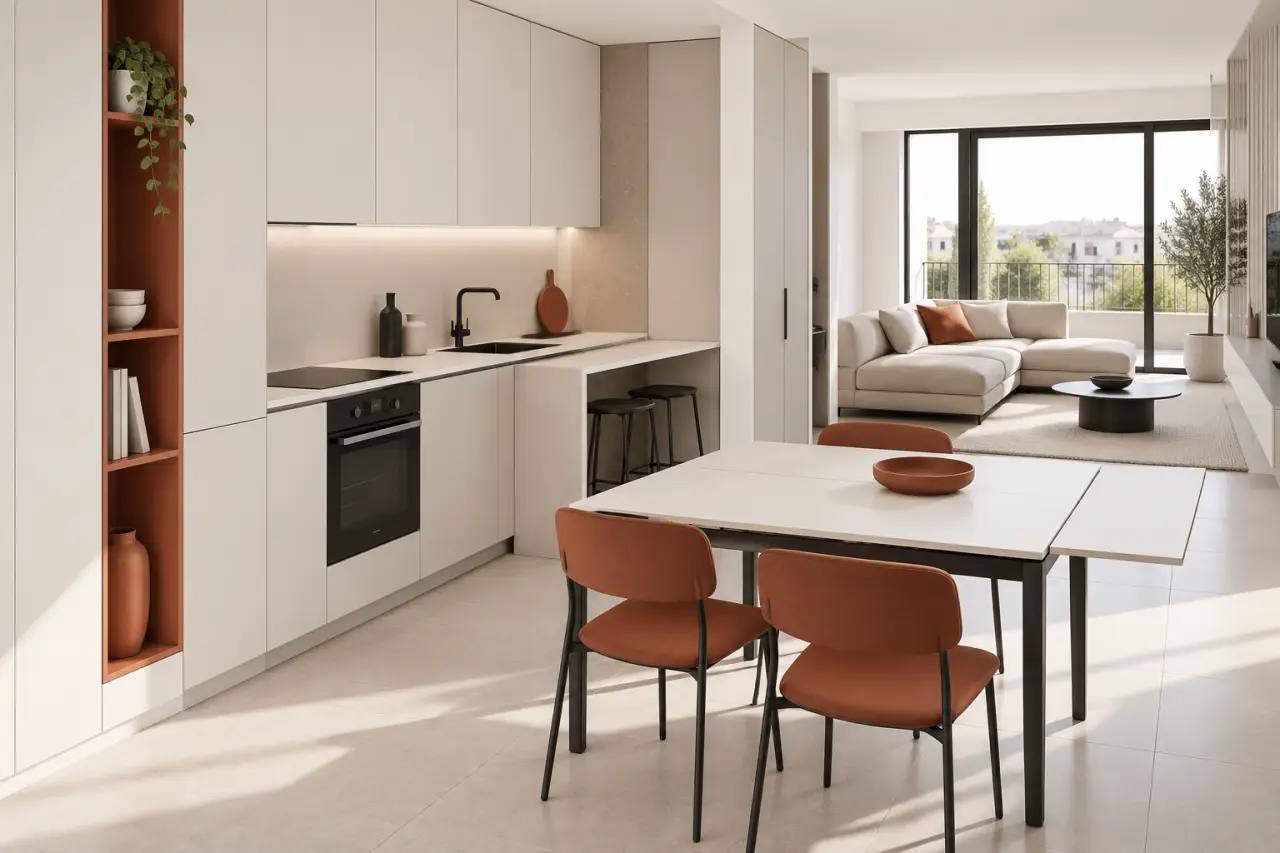 Petite cuisine ouverte conviviale avec comptoir, rangements optimisés et espace repas