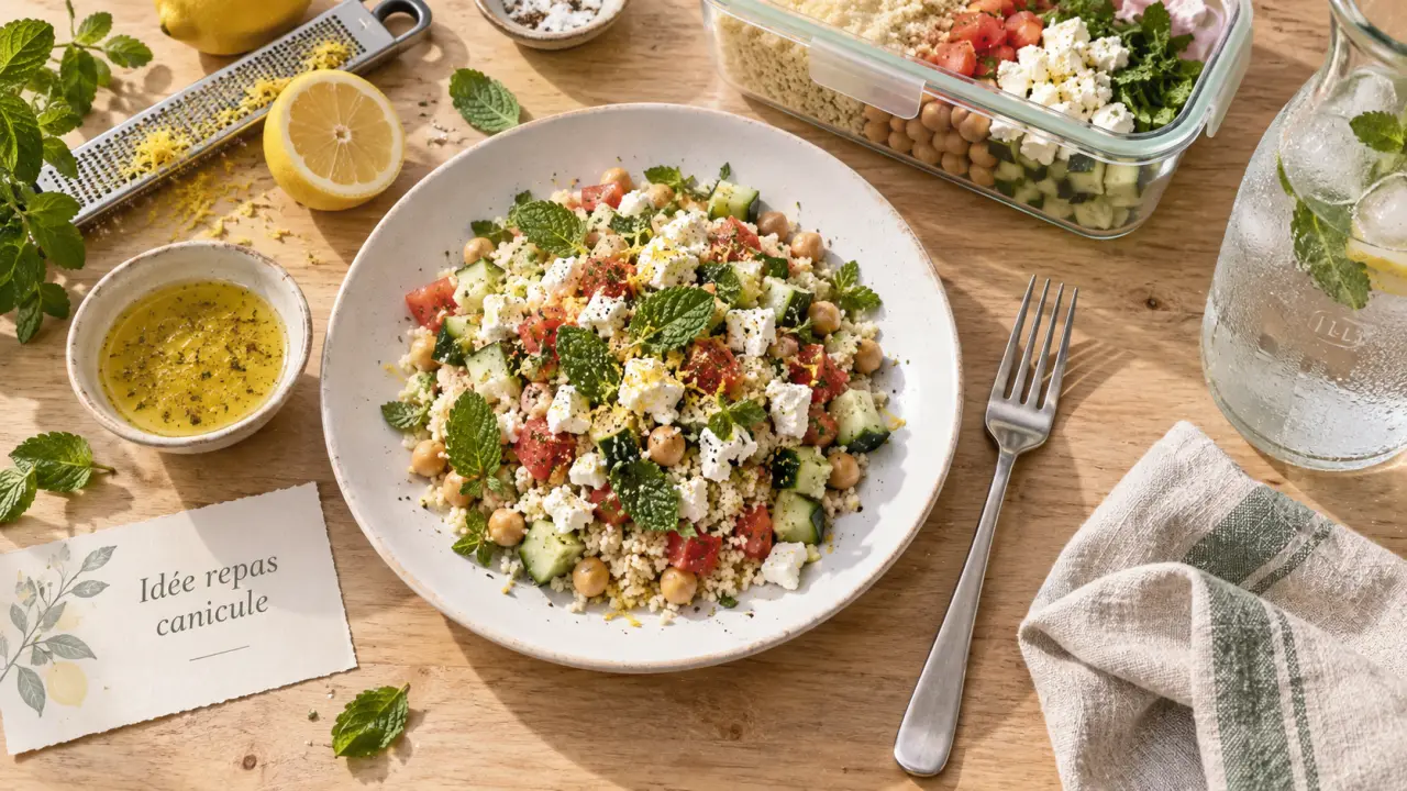 Idée repas canicule : salade fraîche sans four, semoule froide et pois chiches