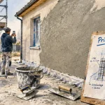 Prix crepi maison 100m2 : crépi en cours sur façade