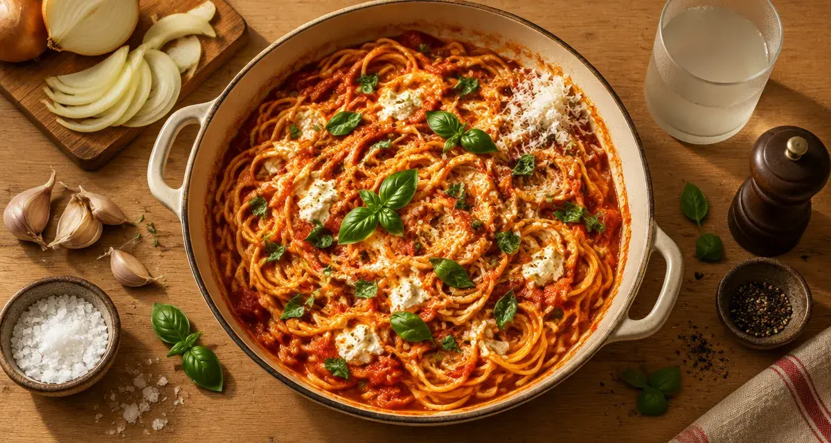 Recette italienne : spaghetti al dente avec sauce bien liée tomate-ricotta et basilic
