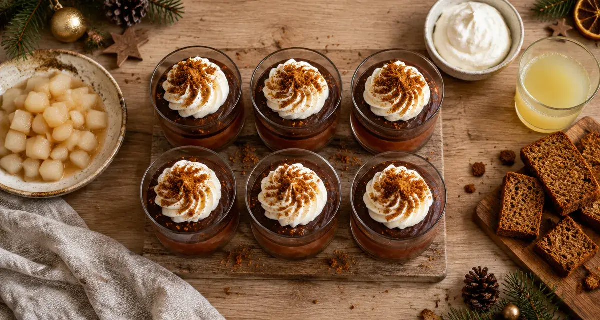 Verrine de noël à préparer la veille : poire, crème chocolat et crumble de pain d’épices