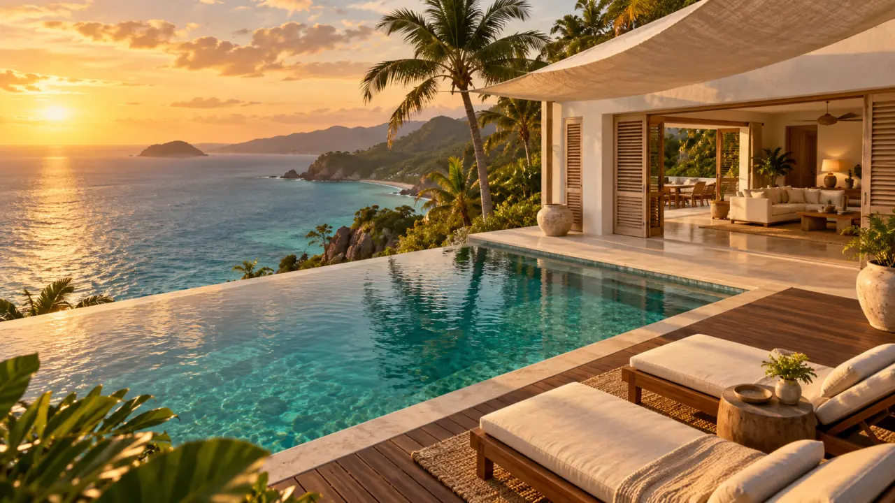 Voyage luxe Antilles : villa tropicale et piscine à débordement sur mer turquoise